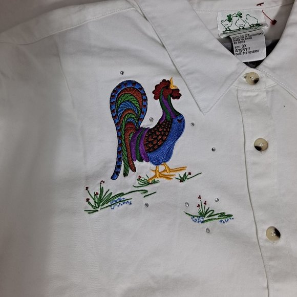 Quacker Factory Shirt Woman Size 3X Embroidere Rooster Colorful Button Up Pocket - Picture 7 of 11